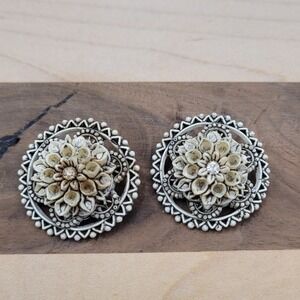 Large Vintage Resin Clip On Flower Earrings Boho Cottage Core